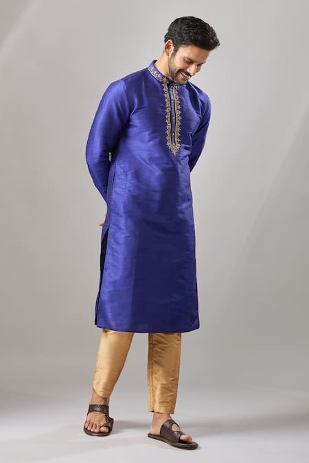 Shop_Arihant Rai Sinha_Blue Embroidery Banarasi Art Silk Kurta _Online_at_Aza_Fashions