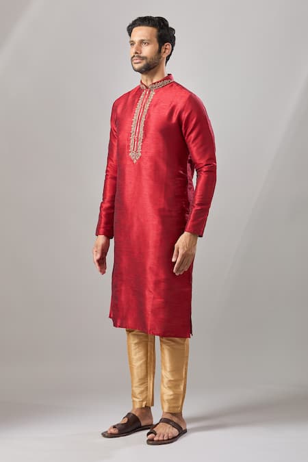 Arihant Rai Sinha Maroon Embroidery Plain Banarasi Art Silk Kurta Online at Aza Fashions Arihant Rai Sinha_Maroon Embroidery Plain Banarasi Art Silk Kurta _Online_at_Aza_Fashions