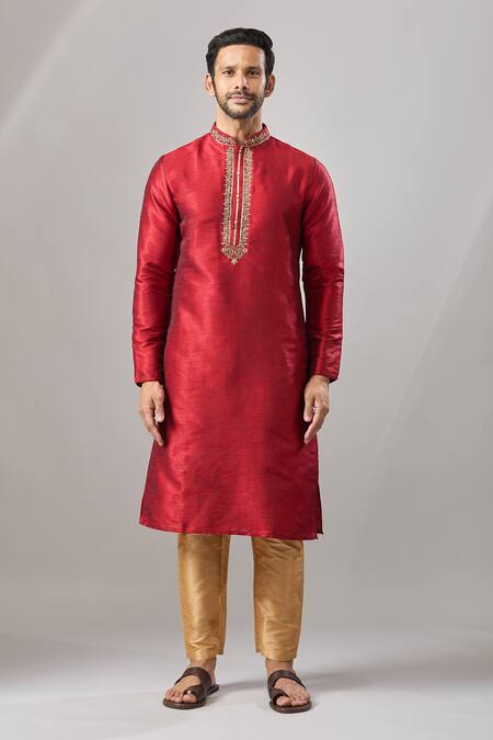 Shop Arihant Rai Sinha Maroon Embroidery Plain Banarasi Art Silk Kurta Online at Aza Fashions Shop_Arihant Rai Sinha_Maroon Embroidery Plain Banarasi Art Silk Kurta _Online_at_Aza_Fashions