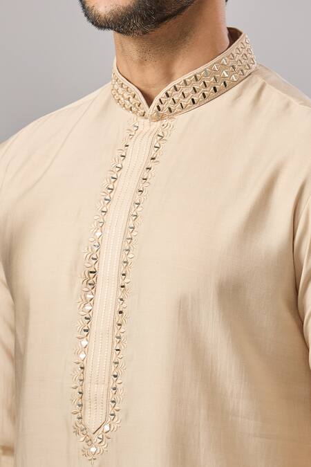 Buy_Arihant Rai Sinha_Beige Plain Banarasi Silk Kurta Set _Online_at_Aza_Fashions