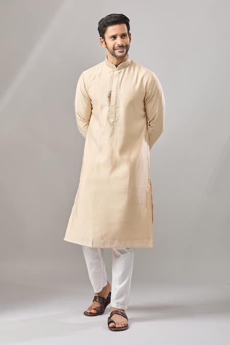 Arihant Rai Sinha Beige Plain Banarasi Silk Kurta Set 