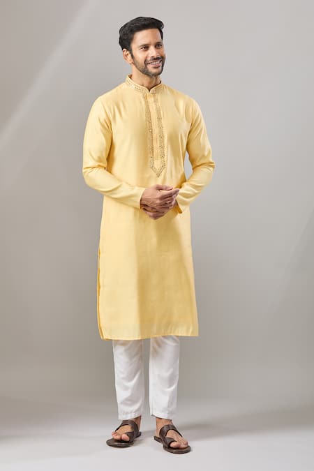 Buy Arihant Rai Sinha Yellow Embroidery Plain Banarasi Silk Kurta Set Online at Aza Fashions Buy_Arihant Rai Sinha_Yellow Embroidery Plain Banarasi Silk Kurta Set _Online_at_Aza_Fashions