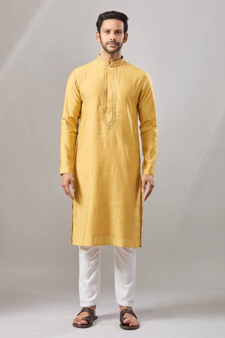 Buy_Arihant Rai Sinha_Yellow Embroidery Plain Banarasi Kurta Set_Online_at_Aza_Fashions