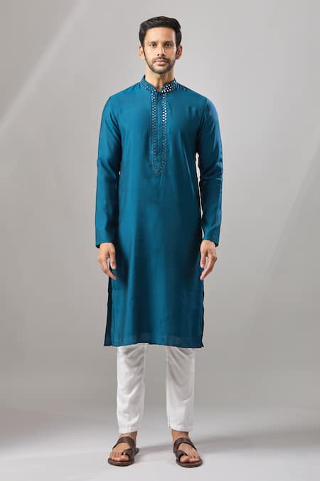 Buy Arihant Rai Sinha Blue Embroidery Plain Banarasi Kurta Set Online at Aza Fashions Buy_Arihant Rai Sinha_Blue Embroidery Plain Banarasi Kurta Set _Online_at_Aza_Fashions