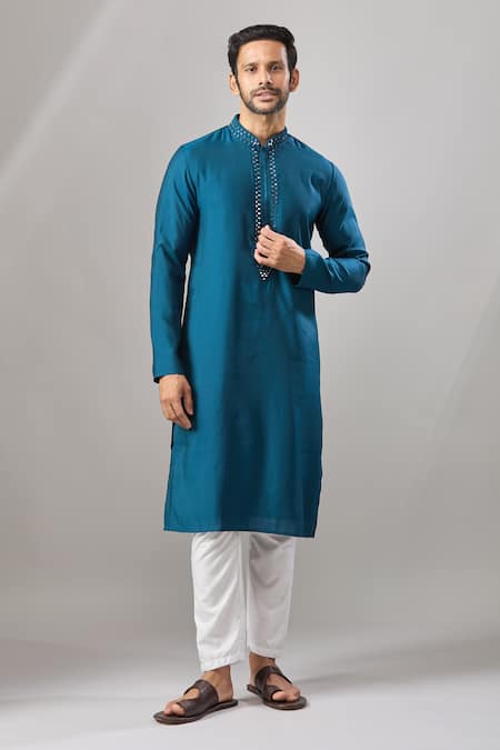 Shop Arihant Rai Sinha Blue Embroidery Plain Banarasi Kurta Set Online at Aza Fashions Shop_Arihant Rai Sinha_Blue Embroidery Plain Banarasi Kurta Set _Online_at_Aza_Fashions