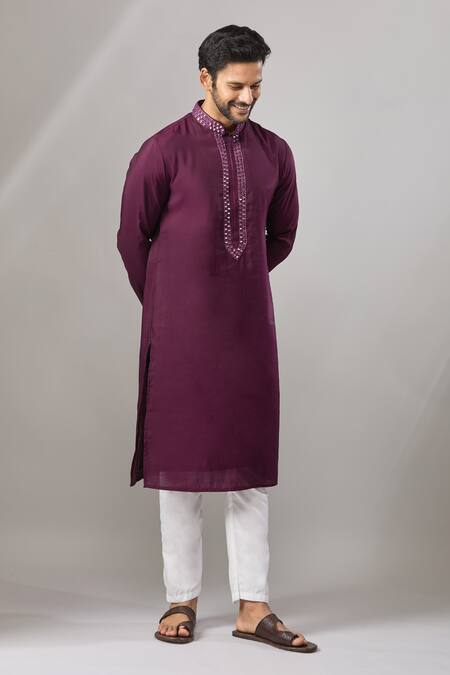 Buy Arihant Rai Sinha Wine Embroidery Plain Banarasi Kurta Set Online at Aza Fashions Buy_Arihant Rai Sinha_Wine Embroidery Plain Banarasi Kurta Set _Online_at_Aza_Fashions