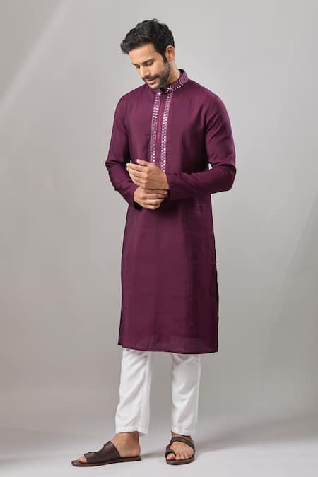 Arihant Rai Sinha Wine Embroidery Plain Banarasi Kurta Set