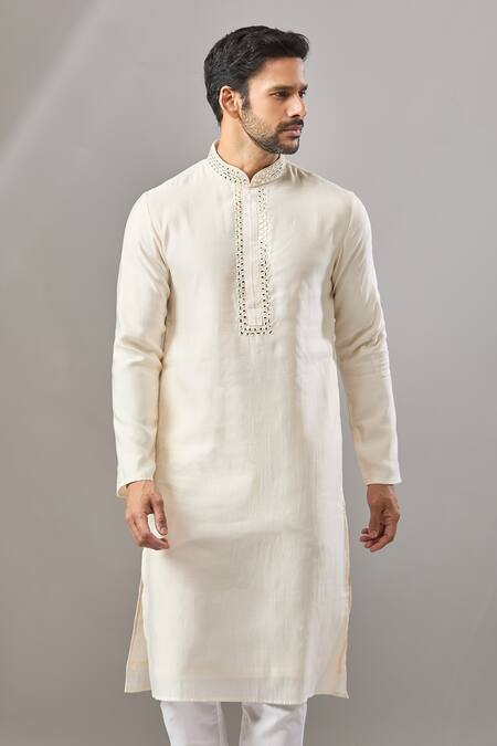Buy_Arihant Rai Sinha_Cream Embroidery Plain Banarasi Art Silk Kurta _Online_at_Aza_Fashions