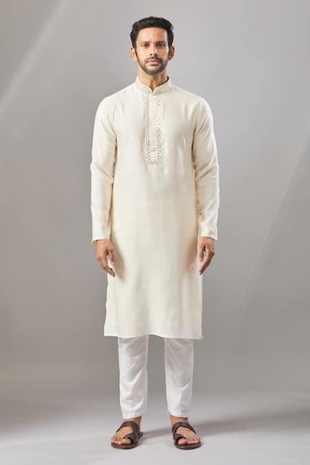 Shop_Arihant Rai Sinha_Cream Embroidery Plain Banarasi Art Silk Kurta _Online_at_Aza_Fashions