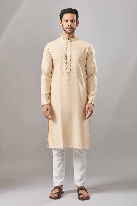 Shop_Arihant Rai Sinha_Beige Embroidery Self Design Banarasi Art Silk Kurta _Online_at_Aza_Fashions