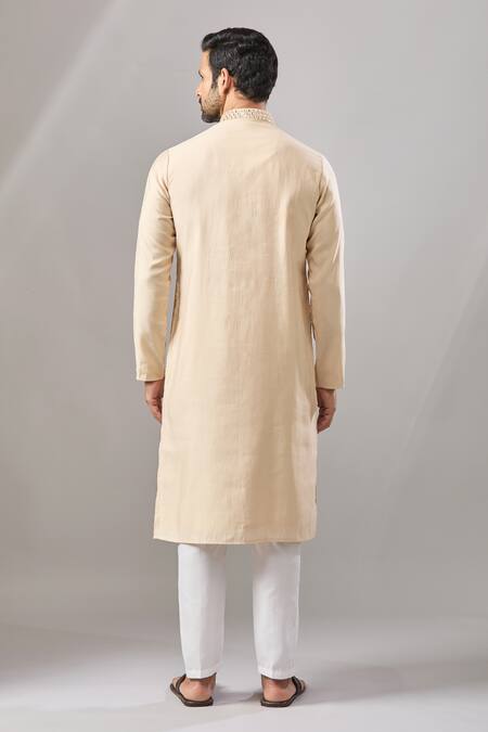 Shop_Arihant Rai Sinha_Beige Embroidery Self Design Banarasi Art Silk Kurta _at_Aza_Fashions
