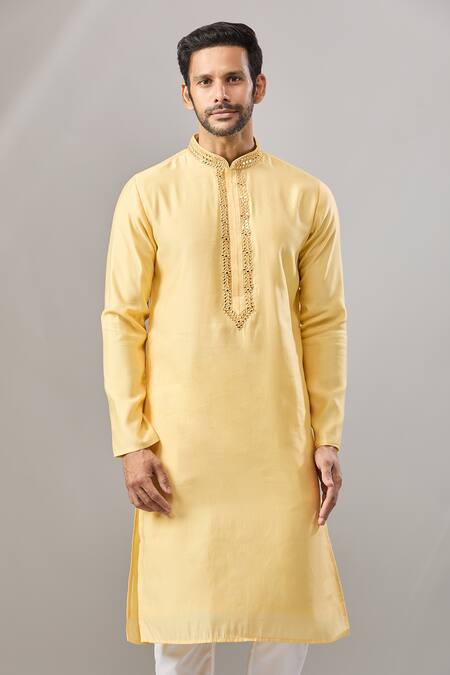 Shop_Arihant Rai Sinha_Yellow Banarasi Art Silk Kurta _Online_at_Aza_Fashions