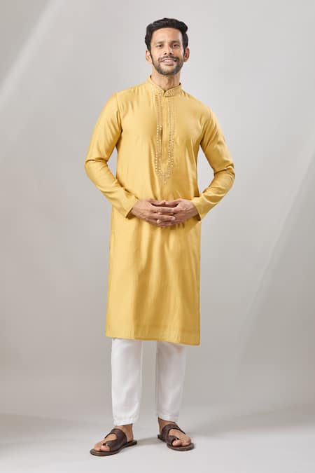 Buy_Arihant Rai Sinha_Yellow Embroidery Banarasi Art Silk Kurta_Online_at_Aza_Fashions
