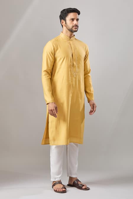 Shop_Arihant Rai Sinha_Yellow Embroidery Banarasi Art Silk Kurta_Online_at_Aza_Fashions