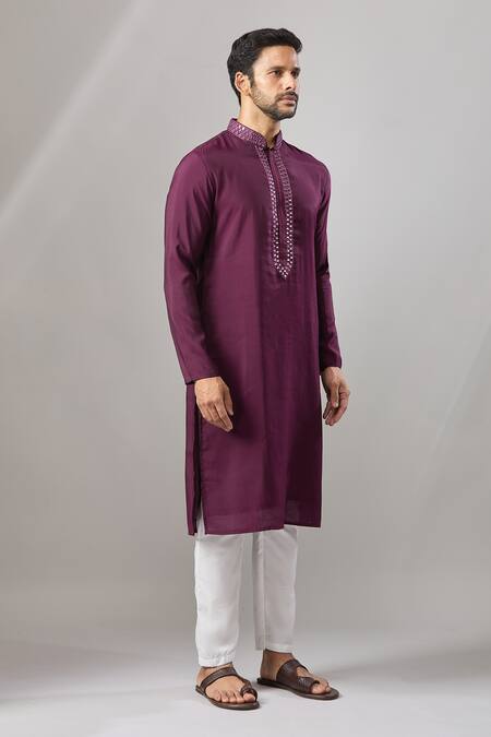 Arihant Rai Sinha_Wine Chanderi Silk Embroidery Plain Banarasi Art Kurta _Online_at_Aza_Fashions