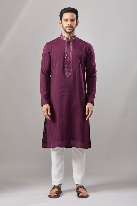 Buy_Arihant Rai Sinha_Wine Chanderi Silk Embroidery Plain Banarasi Art Kurta _Online_at_Aza_Fashions