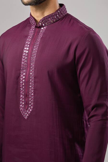 Shop_Arihant Rai Sinha_Wine Chanderi Silk Embroidery Plain Banarasi Art Kurta _Online_at_Aza_Fashions