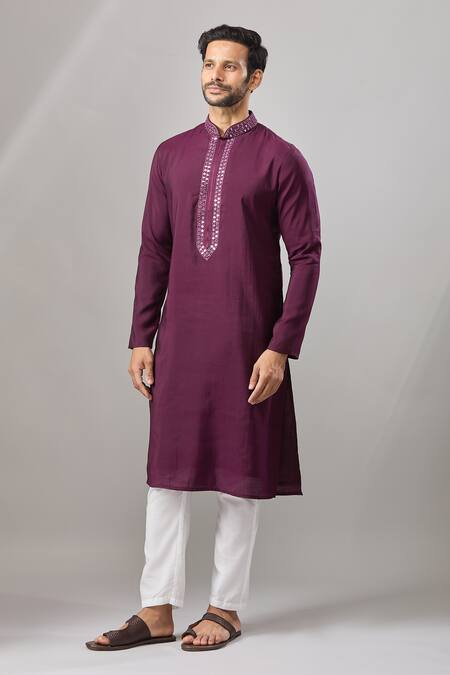 Arihant Rai Sinha_Wine Chanderi Silk Embroidery Plain Banarasi Art Kurta _at_Aza_Fashions