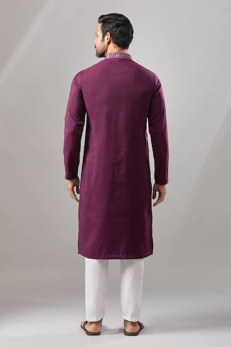 Shop_Arihant Rai Sinha_Wine Chanderi Silk Embroidery Plain Banarasi Art Kurta _at_Aza_Fashions