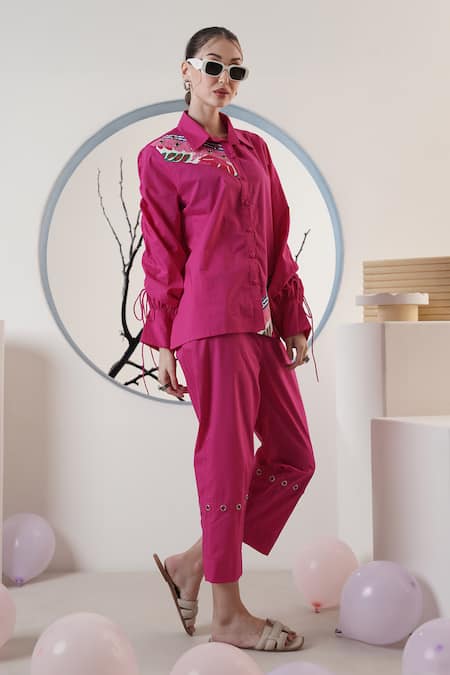 Shop_Surabhi Arya_Pink Poplin Collared Hot Pant Set _Online_at_Aza_Fashions