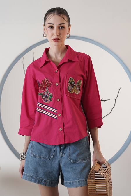 Surabhi Arya_Pink Poplin Embroidery Collared Hot Hand Shirt _Online_at_Aza_Fashions