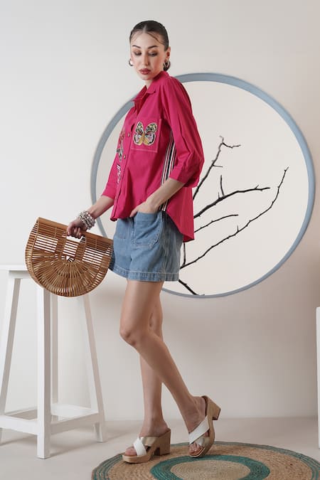 Shop_Surabhi Arya_Pink Poplin Embroidery Collared Hot Hand Shirt _Online_at_Aza_Fashions