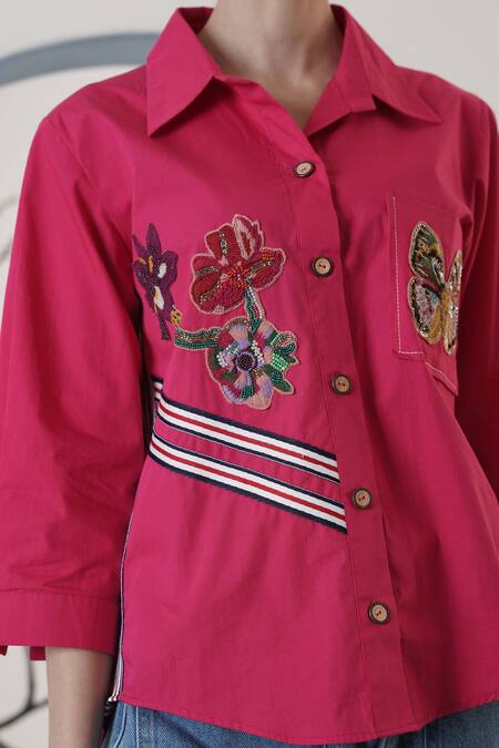 Surabhi Arya_Pink Poplin Embroidery Collared Hot Hand Shirt _at_Aza_Fashions