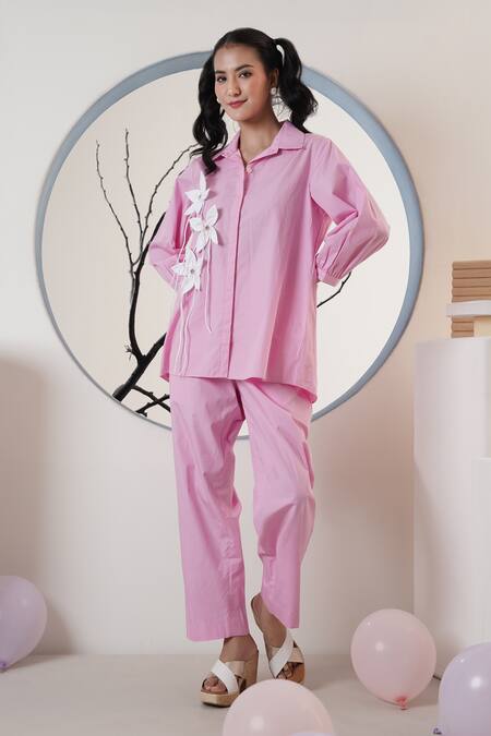 Buy_Surabhi Arya_Blush Poplin Embroidery Collared Pink Floral Pant Set _Online_at_Aza_Fashions