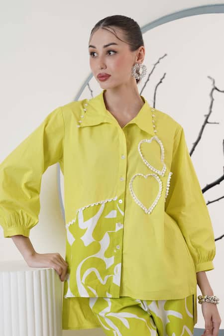 Surabhi Arya_Lavender Poplin Collared Lime Green Shirt And Pant Set _Online_at_Aza_Fashions