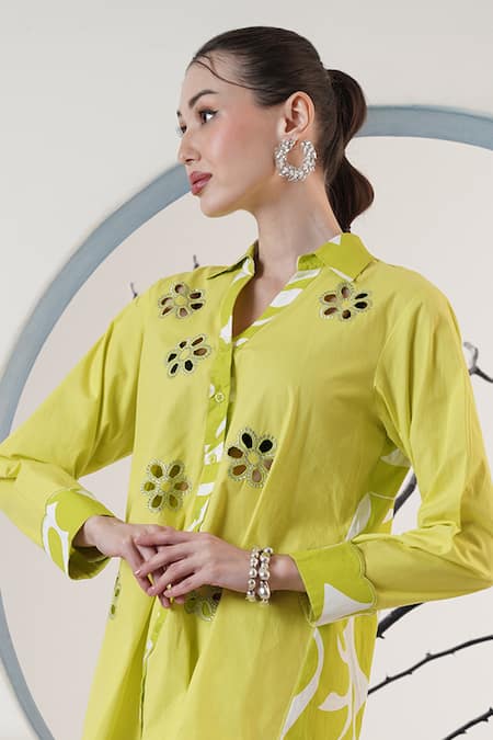 Buy_Surabhi Arya_Lavender Poplin Cut Work Collared Lime Green Pant Set _Online_at_Aza_Fashions