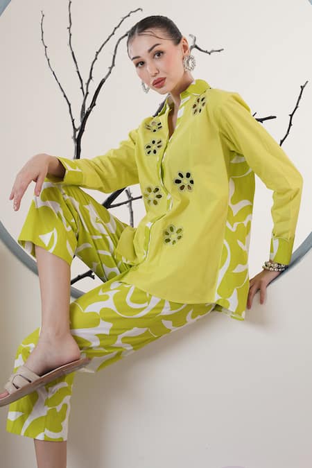 Surabhi Arya_Lavender Poplin Cut Work Collared Lime Green Pant Set _at_Aza_Fashions