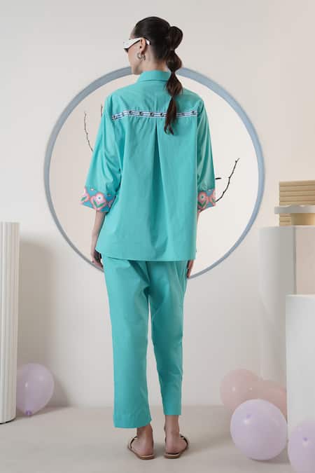 Shop Surabhi Arya Turquoise Poplin Embroidery Collared Designer Shirt And Pant Set at Aza Fashions Shop_Surabhi Arya_Turquoise Poplin Embroidery Collared Designer Shirt And Pant Set _at_Aza_Fashions