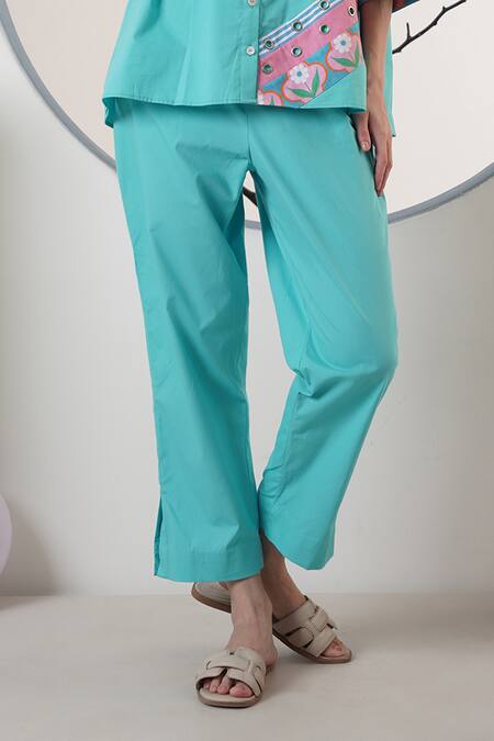 Surabhi Arya Turquoise Poplin Embroidery Collared Designer Shirt And Pant Set Online at Aza Fashions Surabhi Arya_Turquoise Poplin Embroidery Collared Designer Shirt And Pant Set _Online_at_Aza_Fashions