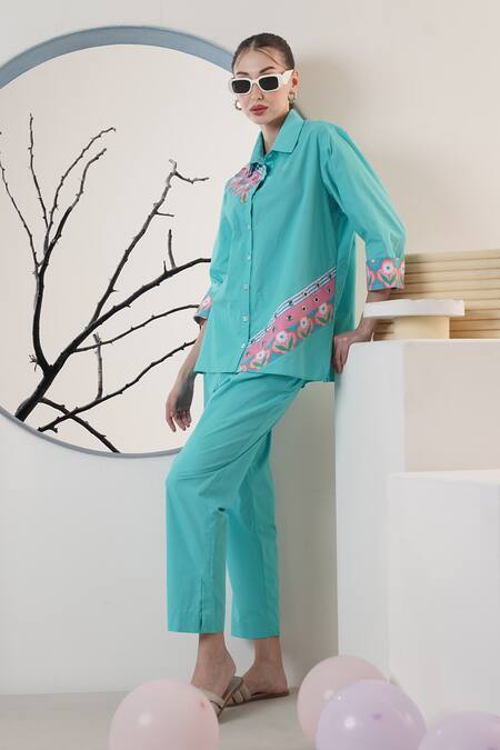 Buy Surabhi Arya Turquoise Poplin Embroidery Collared Designer Shirt And Pant Set Online at Aza Fashions Buy_Surabhi Arya_Turquoise Poplin Embroidery Collared Designer Shirt And Pant Set _Online_at_Aza_Fashions