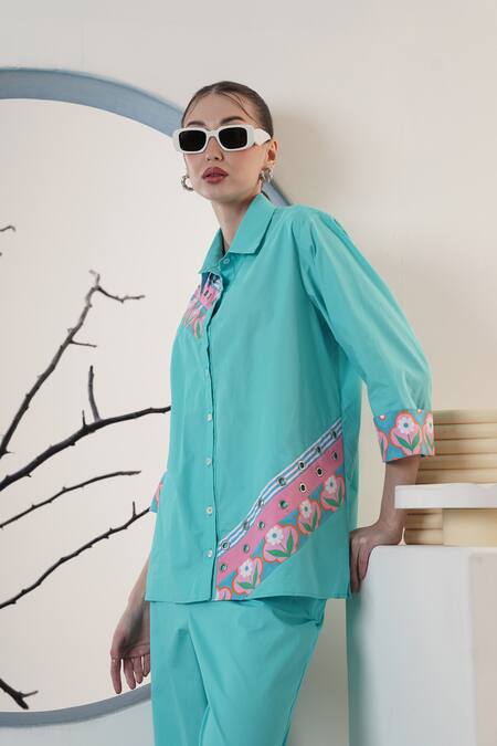 Shop Surabhi Arya Turquoise Poplin Embroidery Collared Designer Shirt And Pant Set Online at Aza Fashions Shop_Surabhi Arya_Turquoise Poplin Embroidery Collared Designer Shirt And Pant Set _Online_at_Aza_Fashions