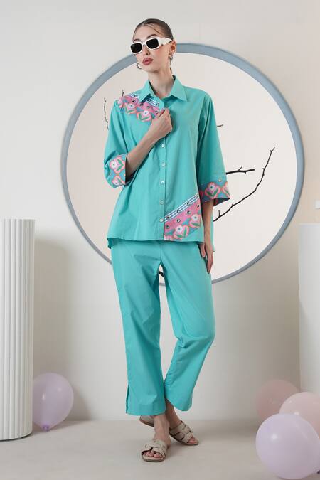 Surabhi Arya Turquoise Poplin Embroidery Collared Designer Shirt And Pant Set at Aza Fashions Surabhi Arya_Turquoise Poplin Embroidery Collared Designer Shirt And Pant Set _at_Aza_Fashions