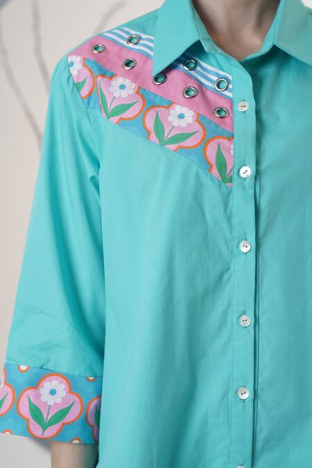 Buy Surabhi Arya Turquoise Poplin Embroidery Collared Designer Shirt And Pant Set Buy_Surabhi Arya_Turquoise Poplin Embroidery Collared Designer Shirt And Pant Set