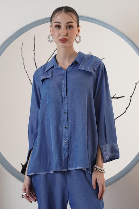 Surabhi Arya_Cobalt Poplin Collared Blue Pant Set _Online_at_Aza_Fashions