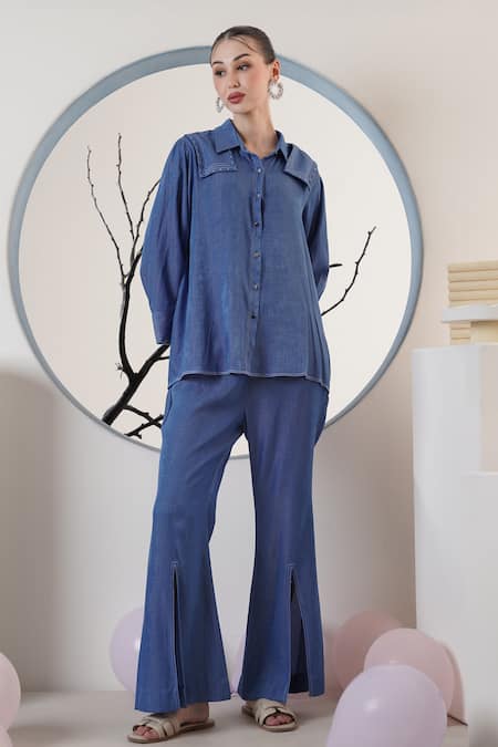 Buy_Surabhi Arya_Cobalt Poplin Collared Blue Pant Set _Online_at_Aza_Fashions