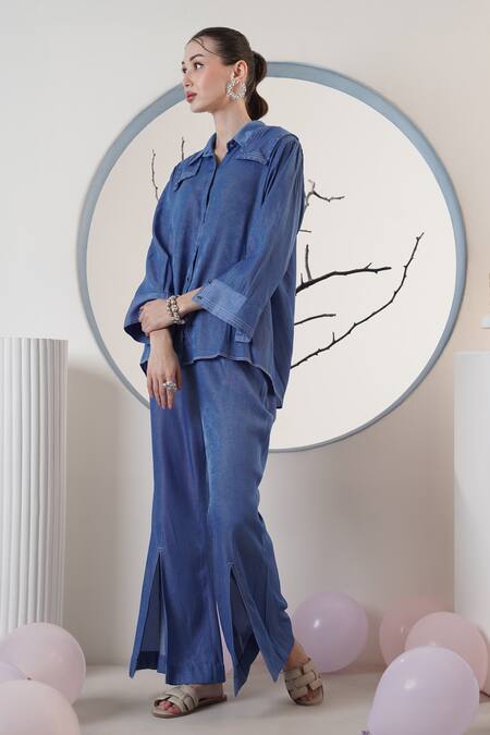 Shop_Surabhi Arya_Cobalt Poplin Collared Blue Pant Set _Online_at_Aza_Fashions