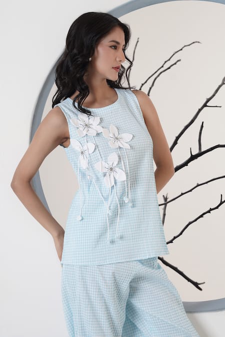 Buy_Surabhi Arya_Blue Cotton Embroidery Round Neck Floral Embellished Pant Set _Online_at_Aza_Fashions