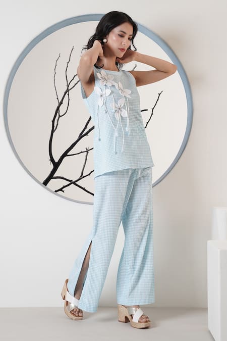 Shop_Surabhi Arya_Blue Cotton Embroidery Round Neck Floral Embellished Pant Set _Online_at_Aza_Fashions