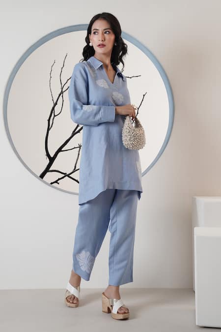 Buy_Surabhi Arya_Blue Linen Embroidery Split V-neck Powder Thread Pant Set _Online_at_Aza_Fashions