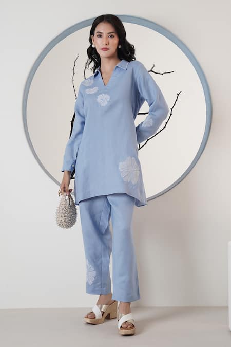 Shop_Surabhi Arya_Blue Linen Embroidery Split V-neck Powder Thread Pant Set _Online_at_Aza_Fashions