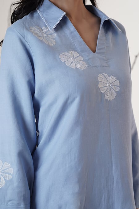 Buy_Surabhi Arya_Blue Linen Embroidery Split V-neck Powder Thread Pant Set 