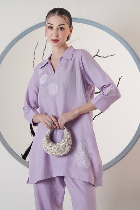 Buy_Surabhi Arya_Purple Linen Embroidery Split V-neck Thread Pant Set _Online_at_Aza_Fashions