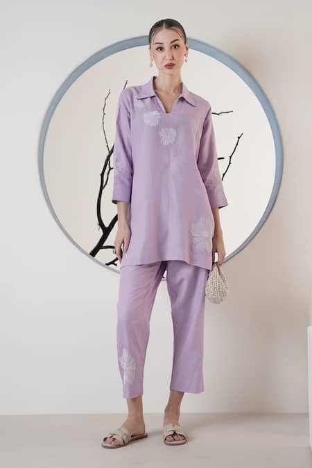 Shop_Surabhi Arya_Purple Linen Embroidery Split V-neck Thread Pant Set _Online_at_Aza_Fashions