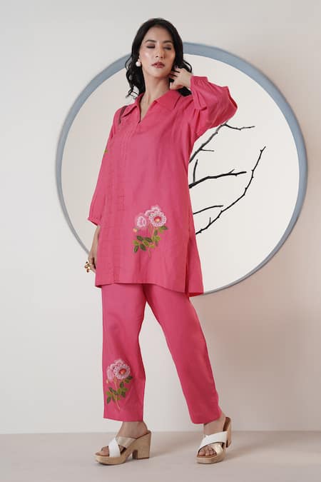 Surabhi Arya_Blush Linen Embroidery Collared Pink Thread Pant Set _Online_at_Aza_Fashions