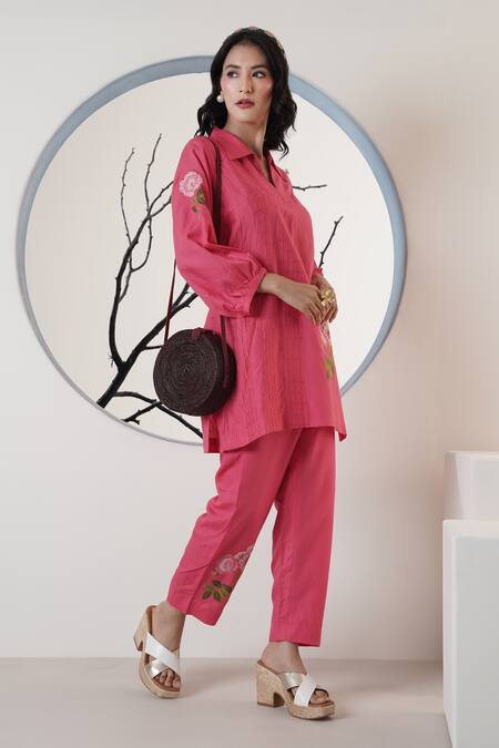 Buy_Surabhi Arya_Blush Linen Embroidery Collared Pink Thread Pant Set _Online_at_Aza_Fashions