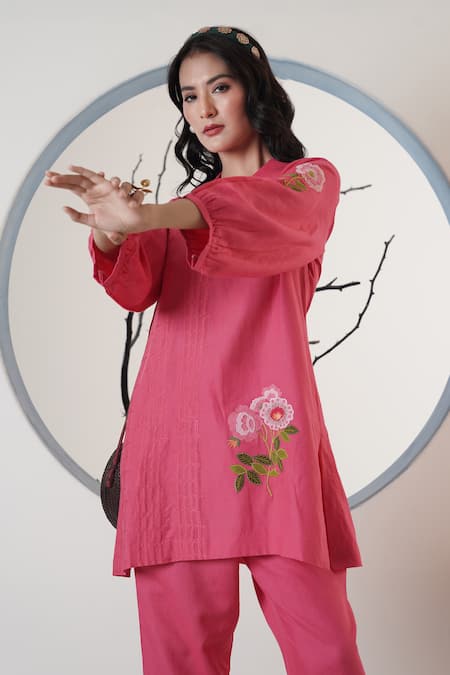 Shop_Surabhi Arya_Blush Linen Embroidery Collared Pink Thread Pant Set _Online_at_Aza_Fashions